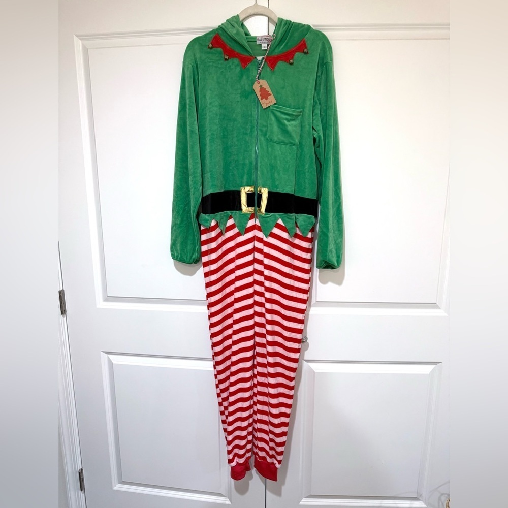 100% Poof Elf Adult One Piece Hoodie Bells Christmas Holiday sz L Green Red